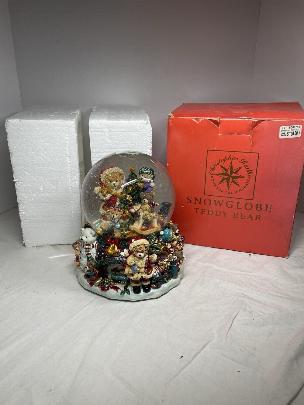 Christopher Radko large 2002 musical Teddy Bear snow globe W/box Works!!